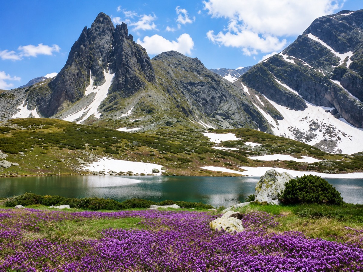 Rila — peak, lake and a meadow in bloom