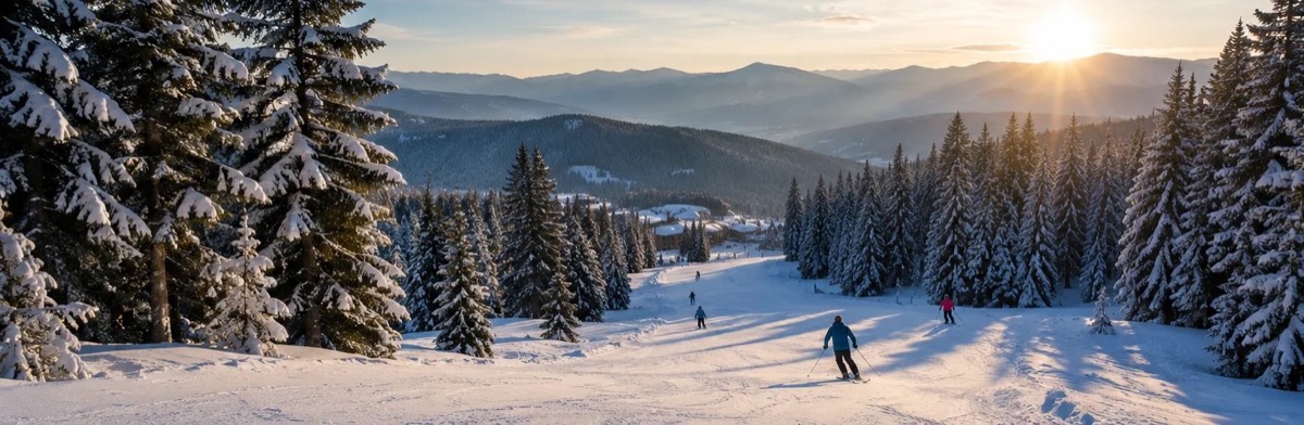 Sunset over snowy pine forest and a ski slope in the Rila mountains