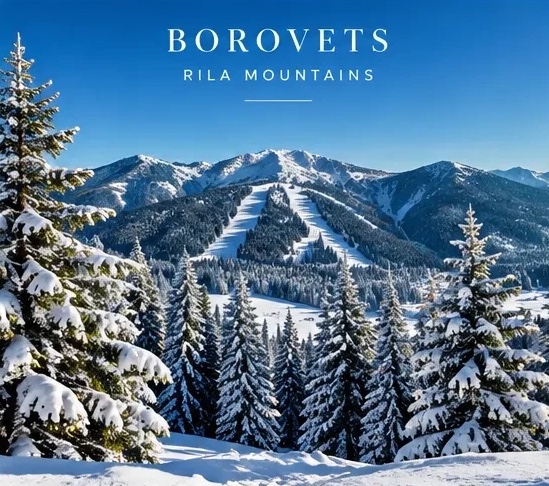 Borovets, Rila Mountains: ski runs through snowy pine forest below the ridge