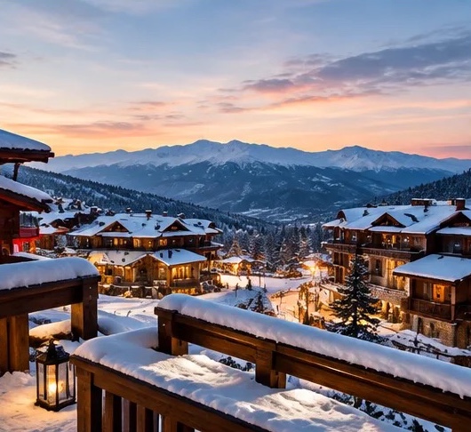 Wooden mountain chalets glowing at dusk above a snowy valley