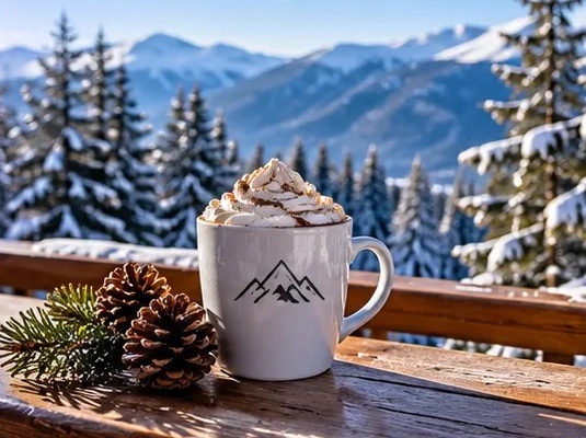 Hot chocolate on a wooden rail with pine cones and snowy peaks behind
