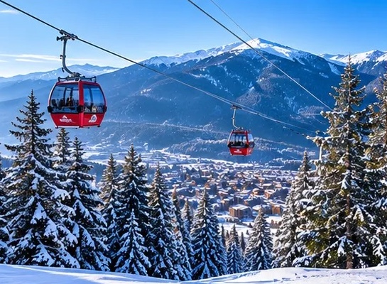 Red gondola cabins over snowy pines with a mountain town below
