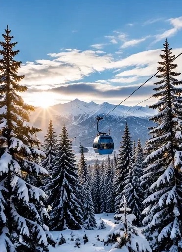 A gondola cabin among snowy pines with the sun low over the mountains