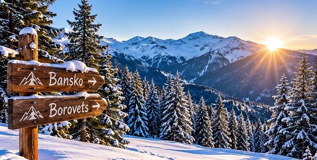 Wooden signpost pointing to Bansko and Borovets in a snowy pine forest