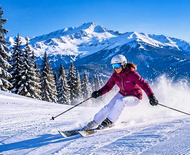 A skier carving down a groomed slope with snow spraying