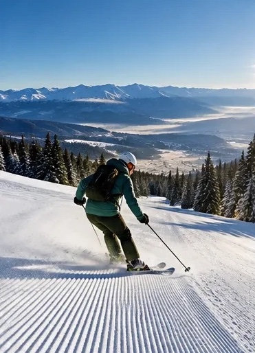 A skier on a freshly groomed slope above a misty valley