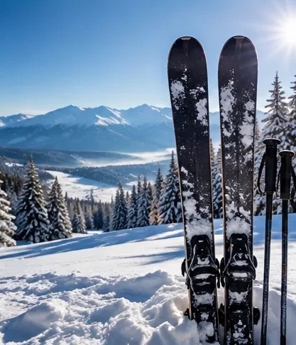Skis and poles planted in fresh snow with mountains behind