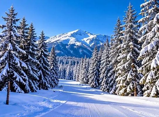 A groomed trail through snow-laden pine forest