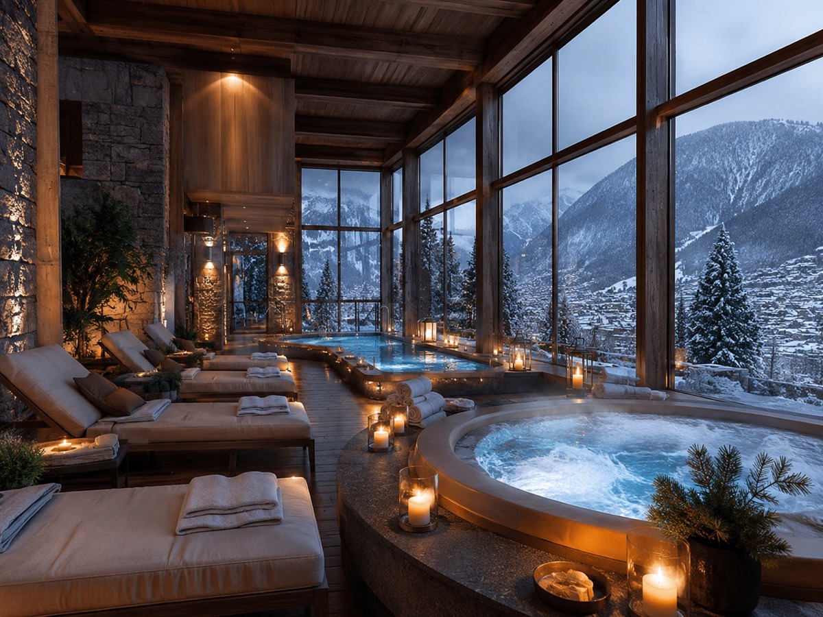 Mountain spa at dusk