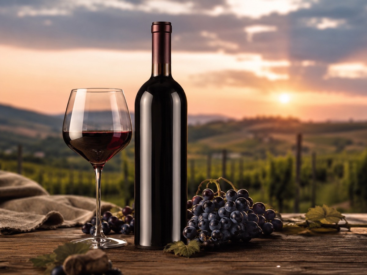 Wine at sunset above the vineyards